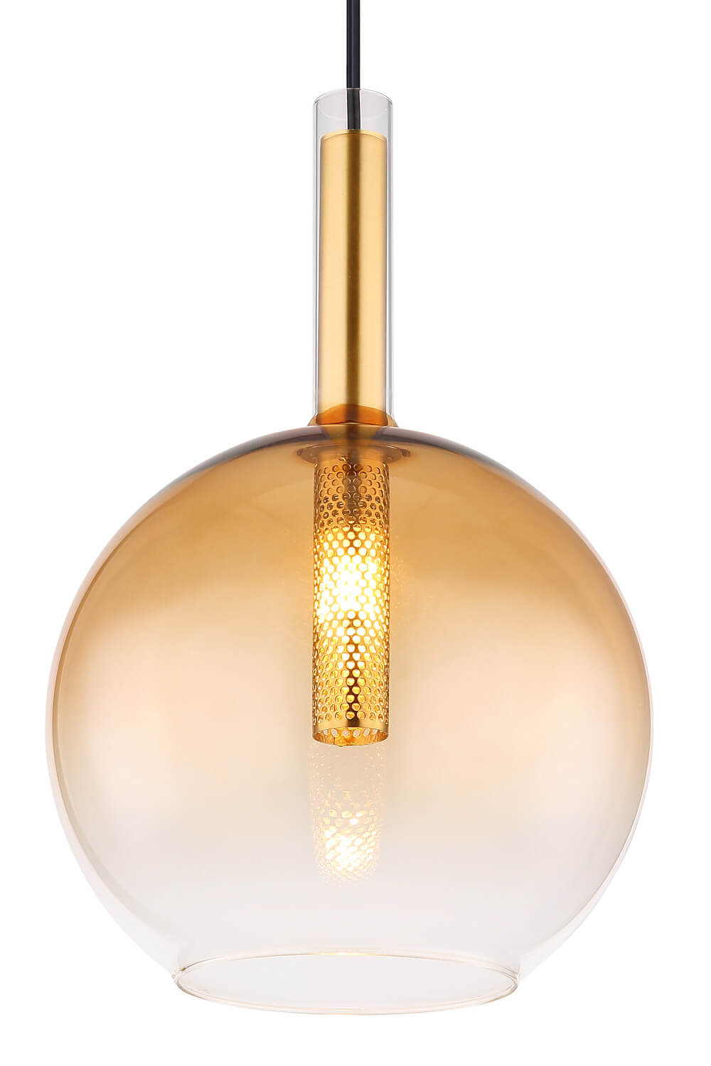 Détail rapproché du globe, tube doré perforé et reflet lumineux