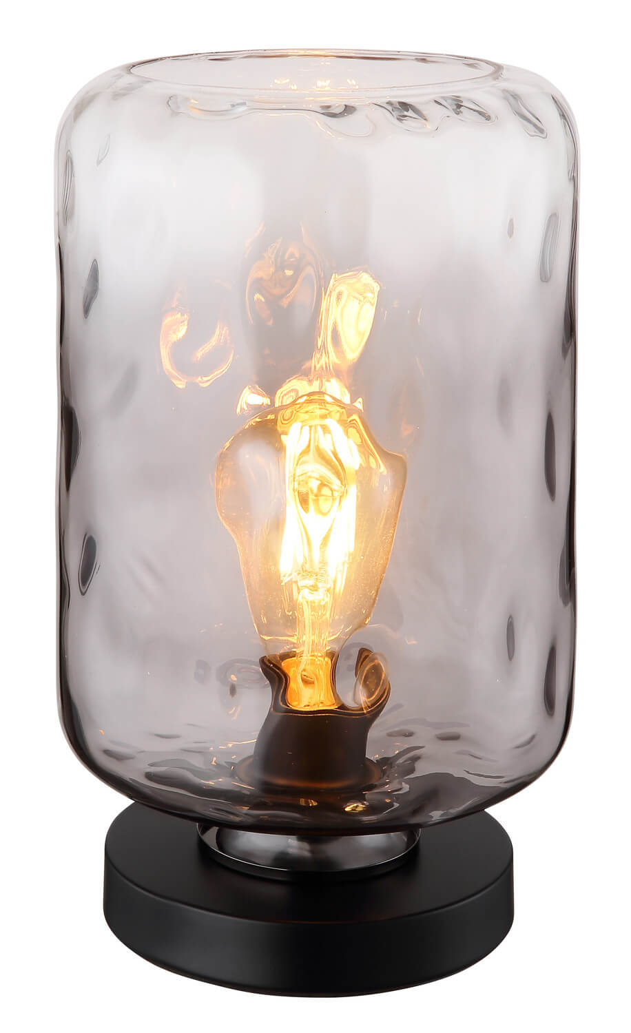 Vue rapprochée du luminaire de face, mettant en valeur la texture du verre et l'ampoule chaude.