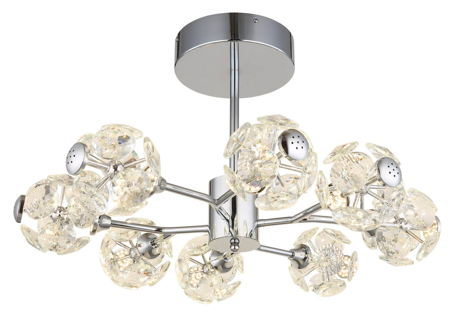 Vue en contre-plongée du luminaire montrant les douilles et globes en verre.