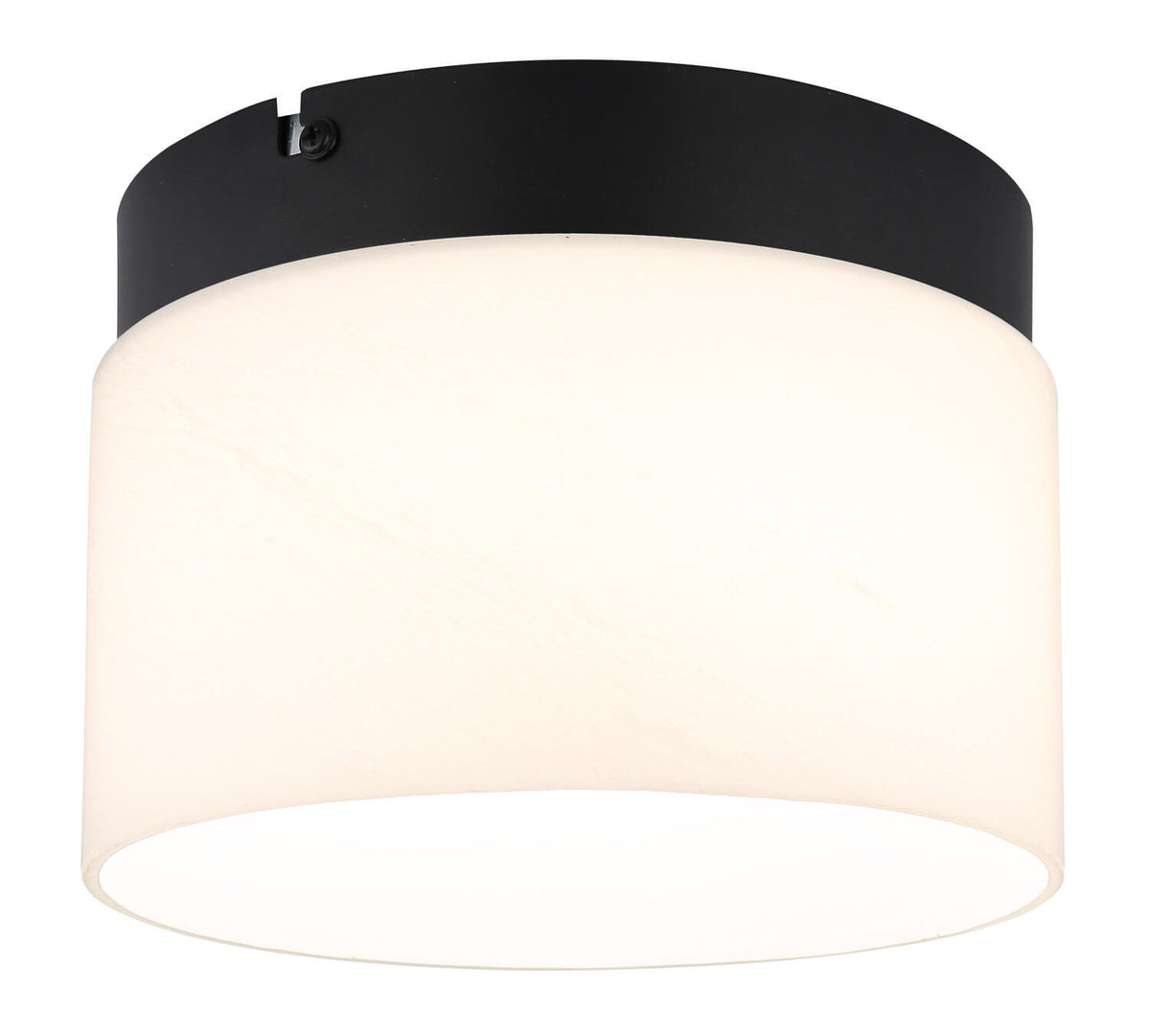 Plafonnier cylindrique de face, cerclage noir mat et diffuseur en verre opalin allumé