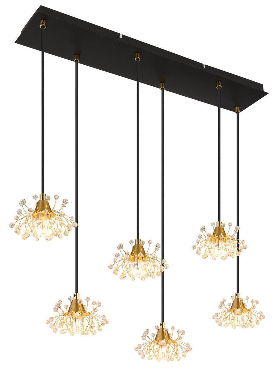 Vue d'ensemble du luminaire suspendu à six abat-jours dorés et structure noire au plafond.