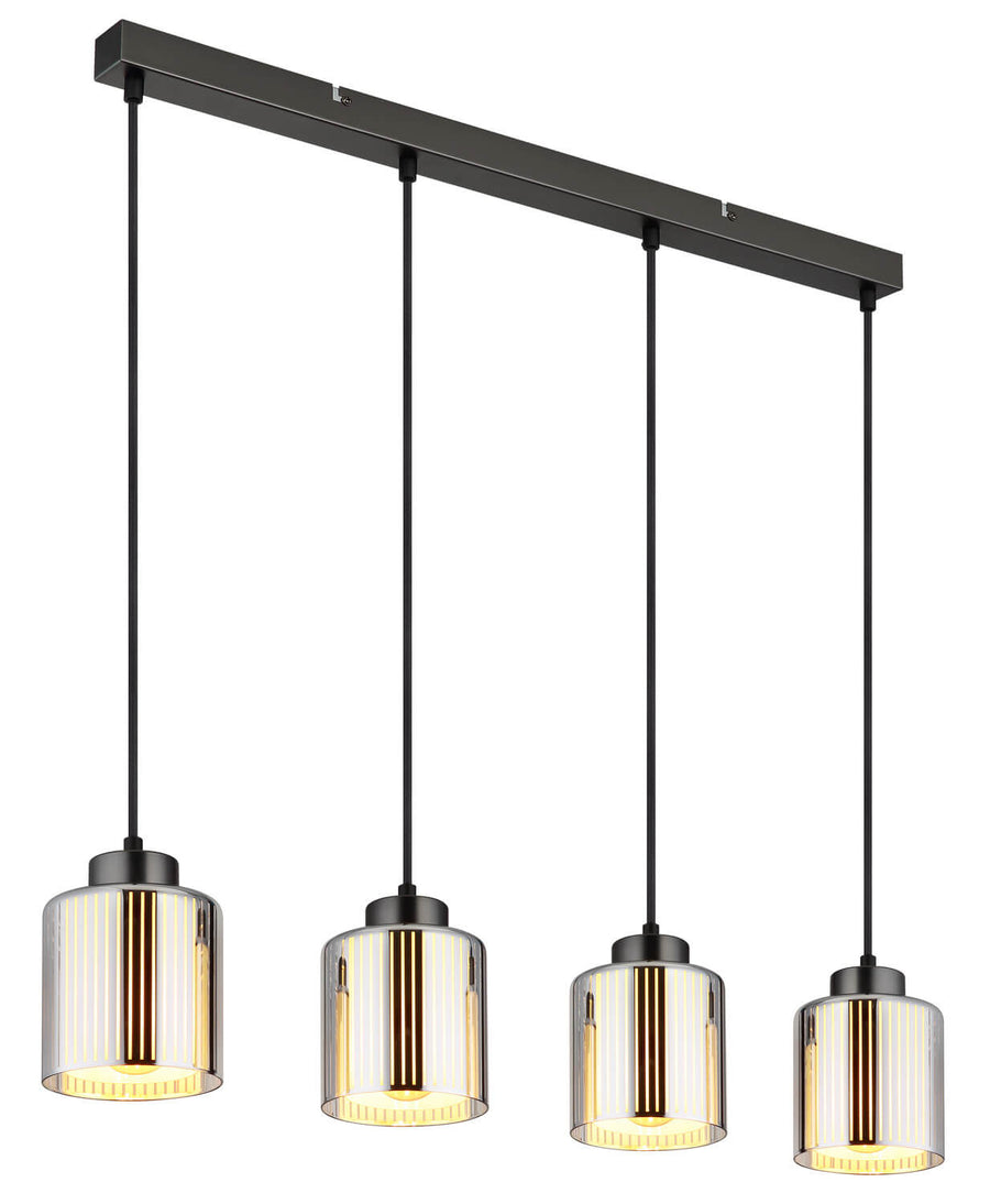Quatre suspensions à verres cylindriques striés suspendues à une barre noire rectangulaire