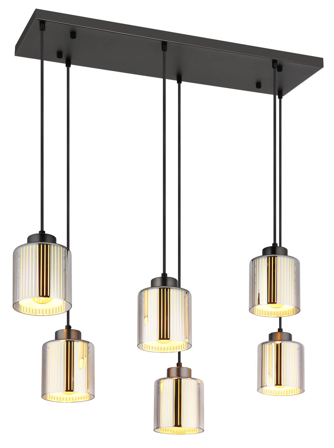 Vue rapprochée du luminaire noir et chromé, détaillant les verres cannelés et la lumière chaude