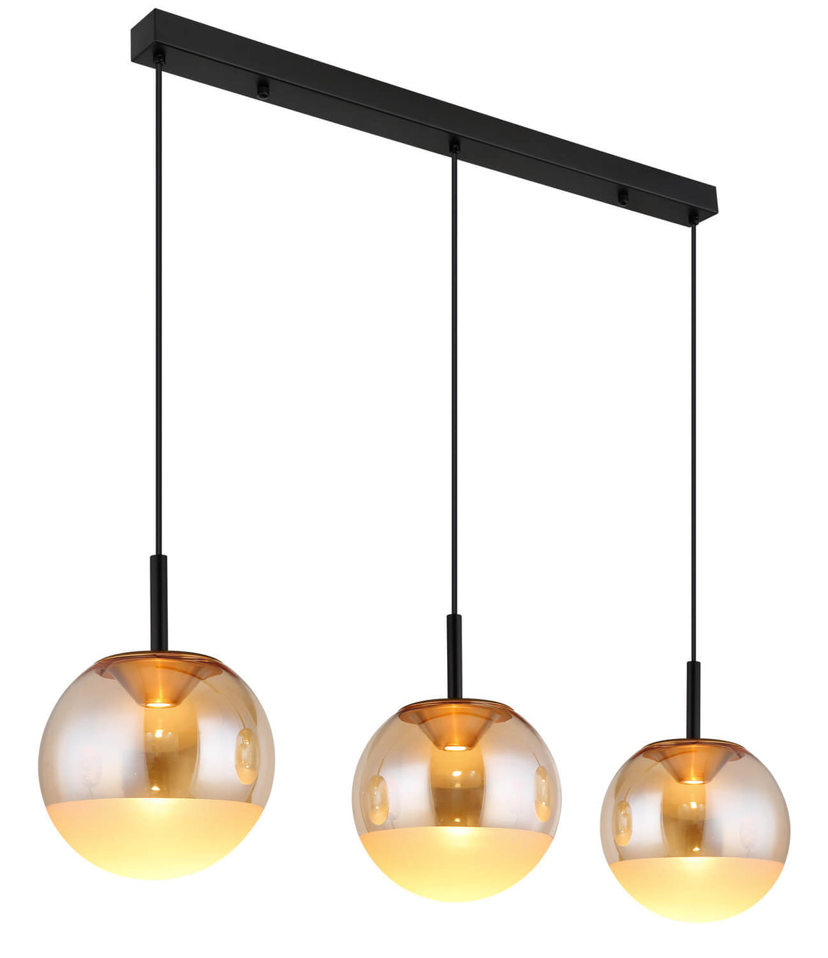 Suspension noire à trois globes en verre ambré, vue de face sur fond blanc.