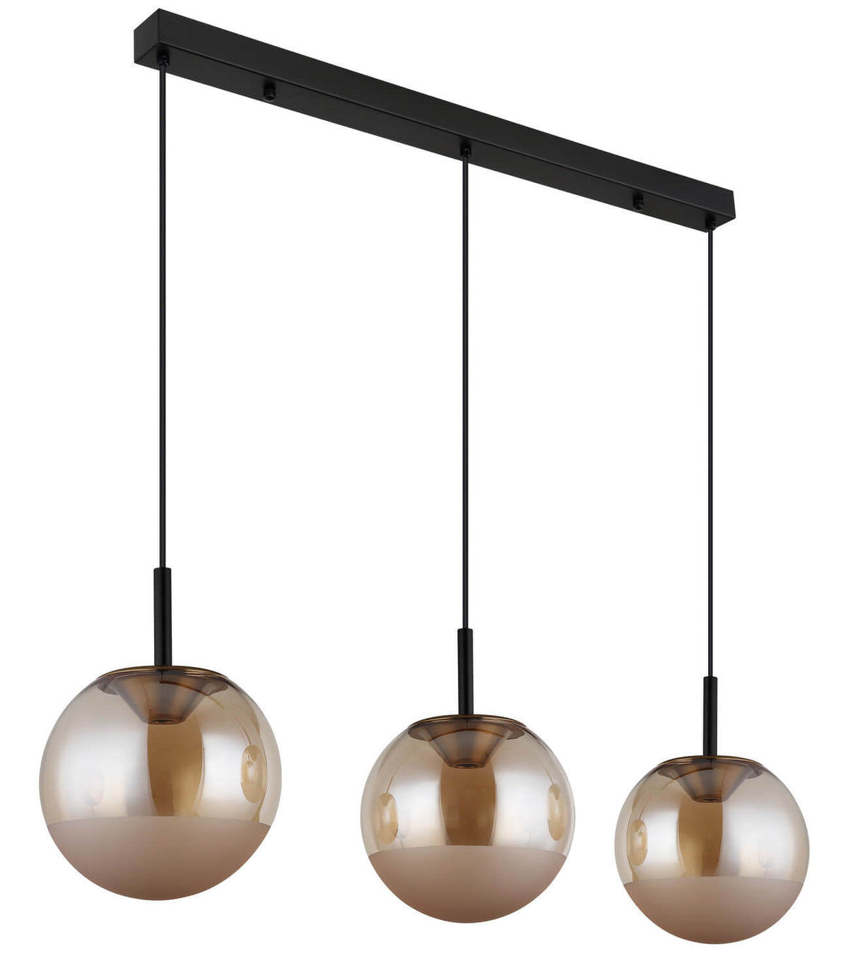 Vue de face des trois globes en verre ambré non allumés.
