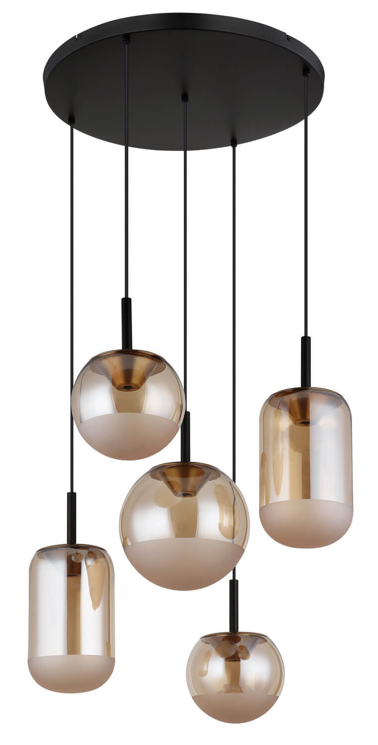 Luminaire éteint vu de face, globes fumés et câbles noirs