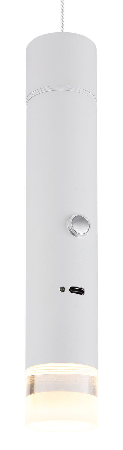 Détail du bas du luminaire cylindrique blanc, diffuseur allumé et commandes.
