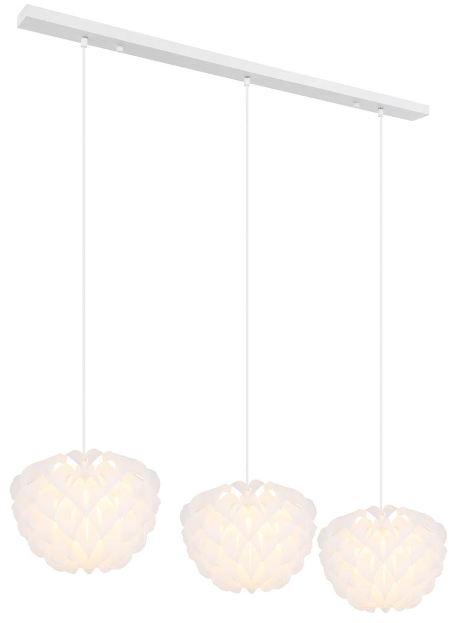 Vue de face du luminaire entier avec ses trois globes et sa barre de fixation