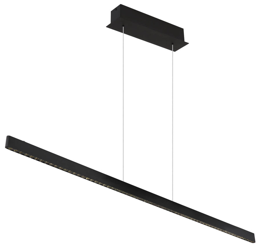 Suspension noire mat vue de trois quarts, barre linéaire et spots LED alignés