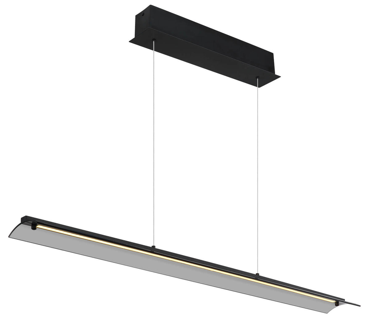 Vue de trois quarts sur fond blanc du luminaire suspendu noir.