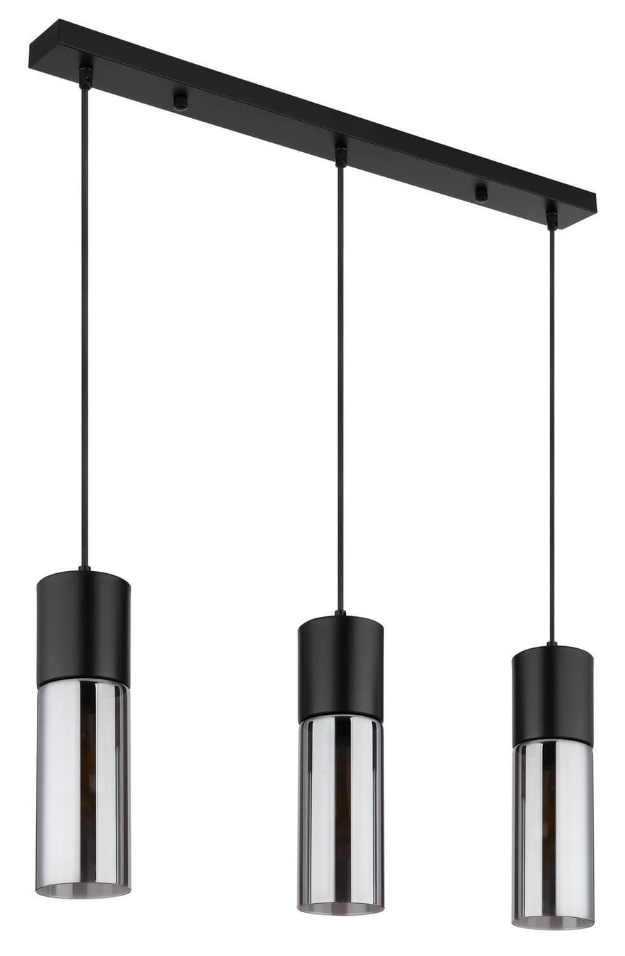 Suspension trois feux avec verre transparent et support noir, ampoules éteintes.