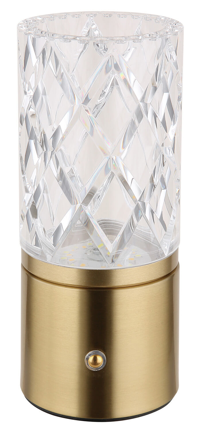 Vue de face éteinte, abat-jour transparent à motifs losanges et socle laiton.