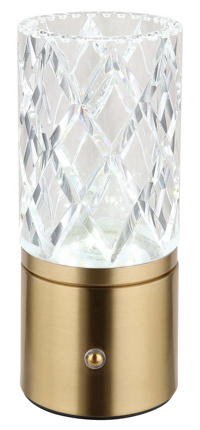Lampe allumée vue de face, éclat blanc et transparence du verre taillé diamant.