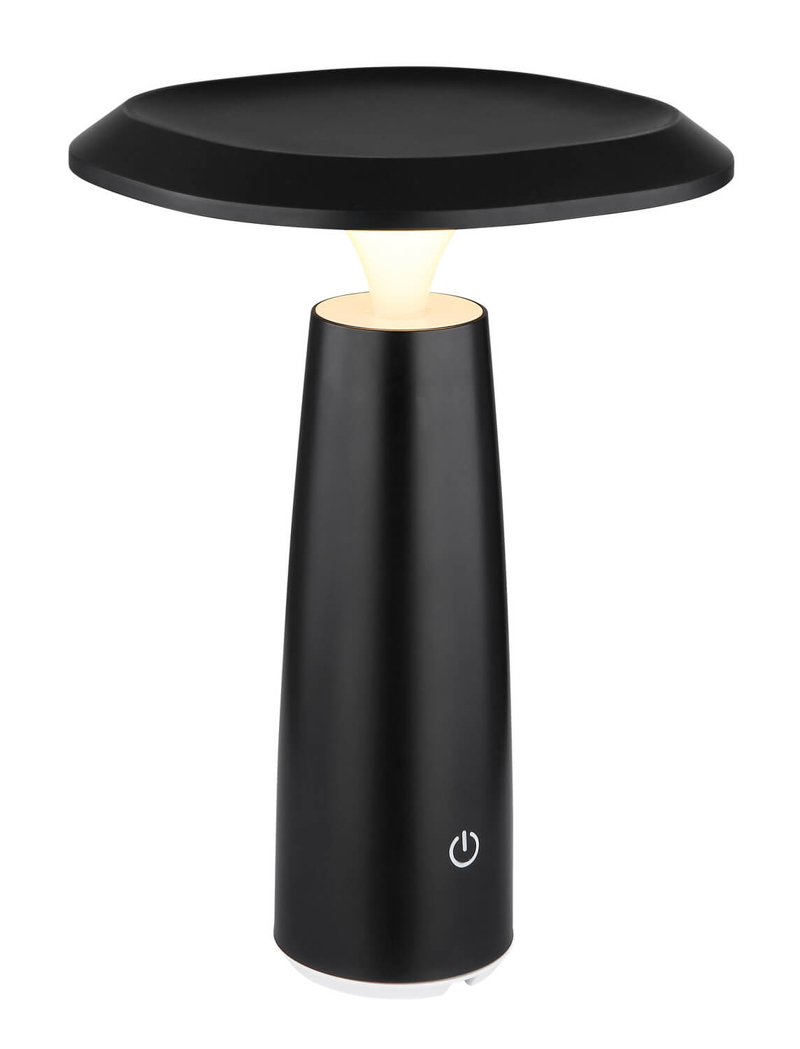 Lampe à poser noire mate de face sur fond blanc, éclairage allumé.
