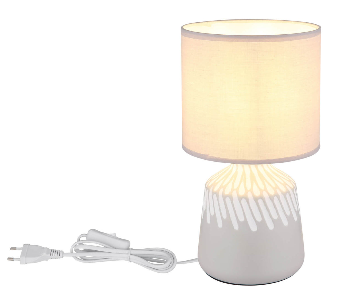 Lampe présentée avec son câble d'alimentation blanc et sa fiche électrique
