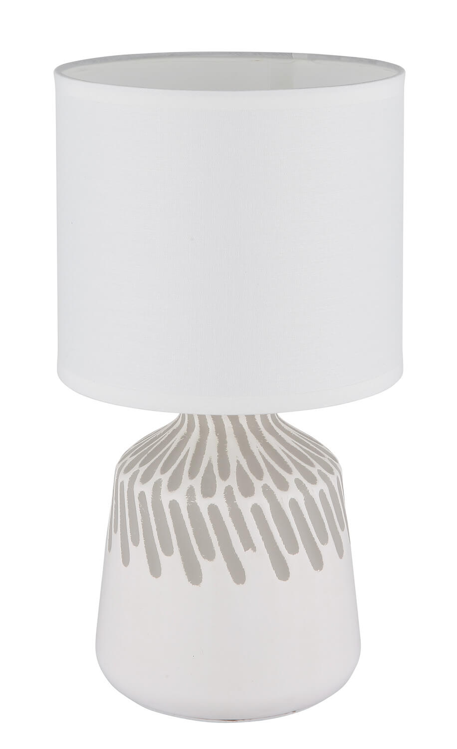 Produit de face, abat-jour éteint, pied céramique à motif de gouttes grises.