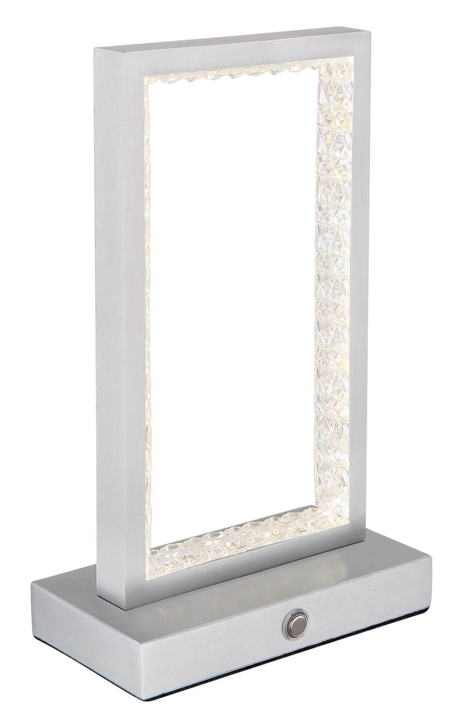 Vue de face du luminaire, contour lumineux à facettes façon cristal et interrupteur rond