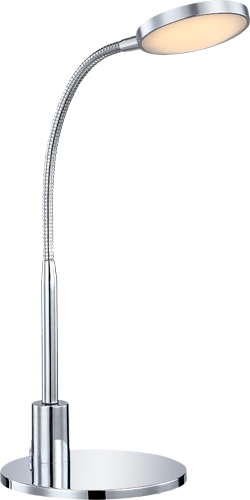 Vue de profil du luminaire chromé, pied circulaire et bras flexible fin