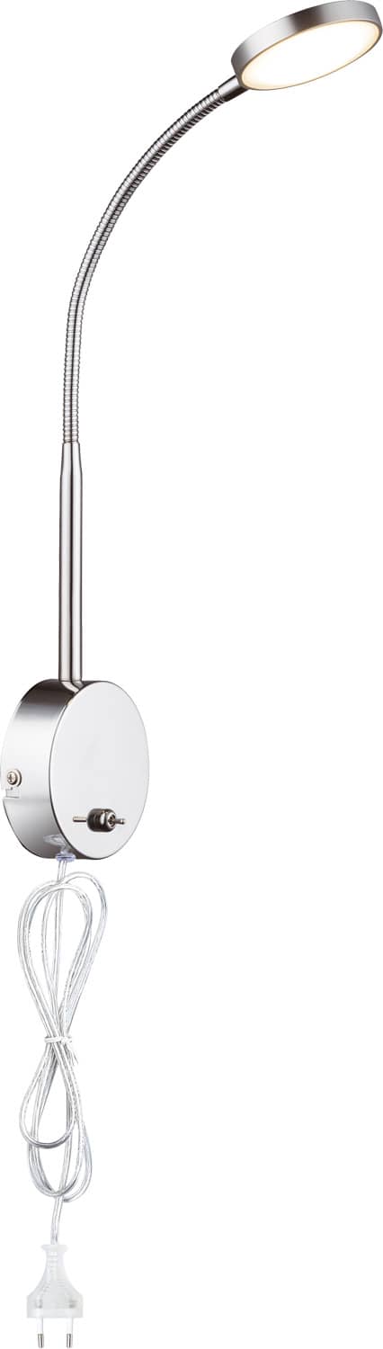 Produit chromé seul, bras flexible et base ronde avec câble et prise.