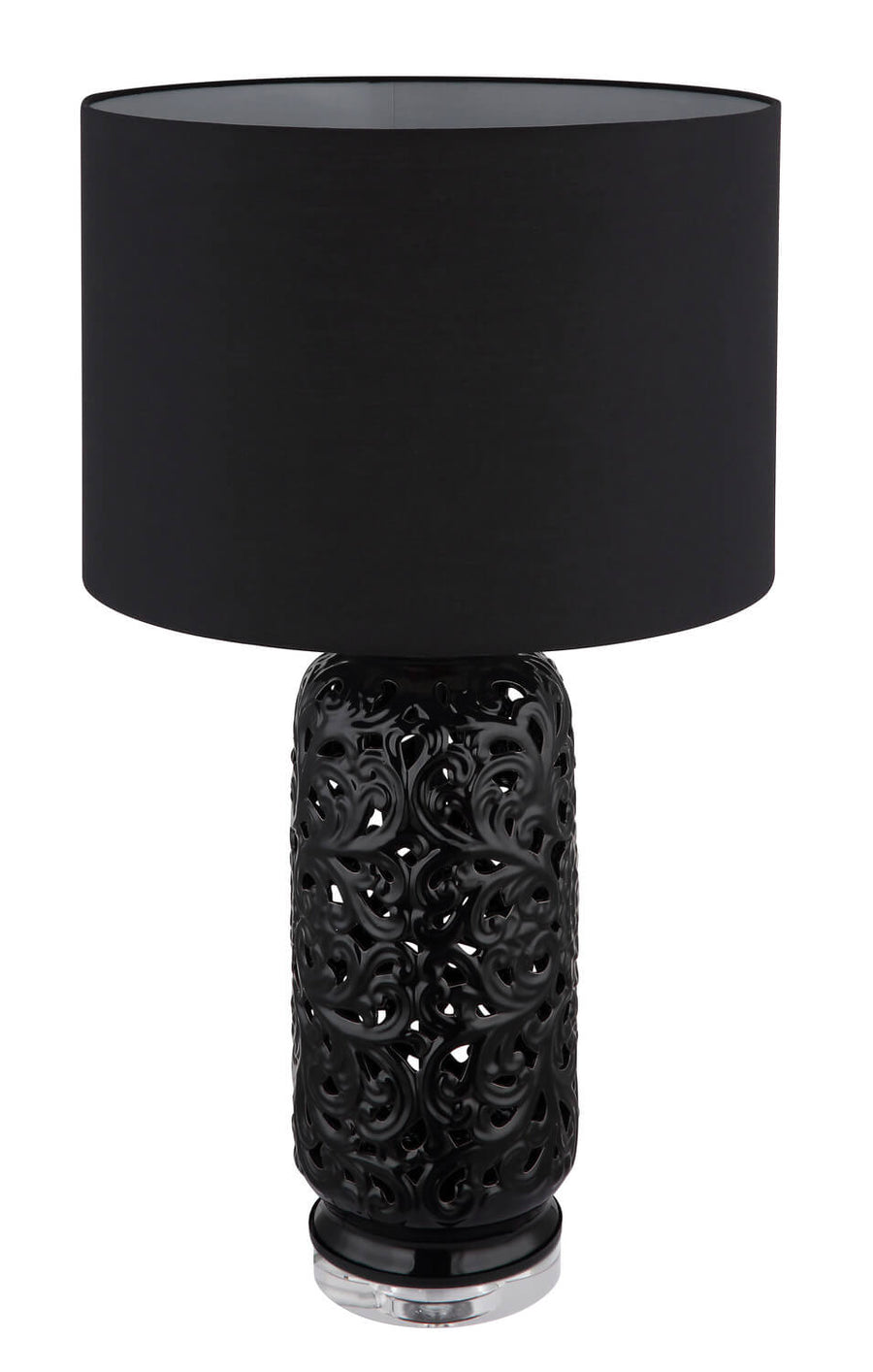 Version tout en noir : abat-jour opaque et socle cylindrique ajouré sur fond blanc