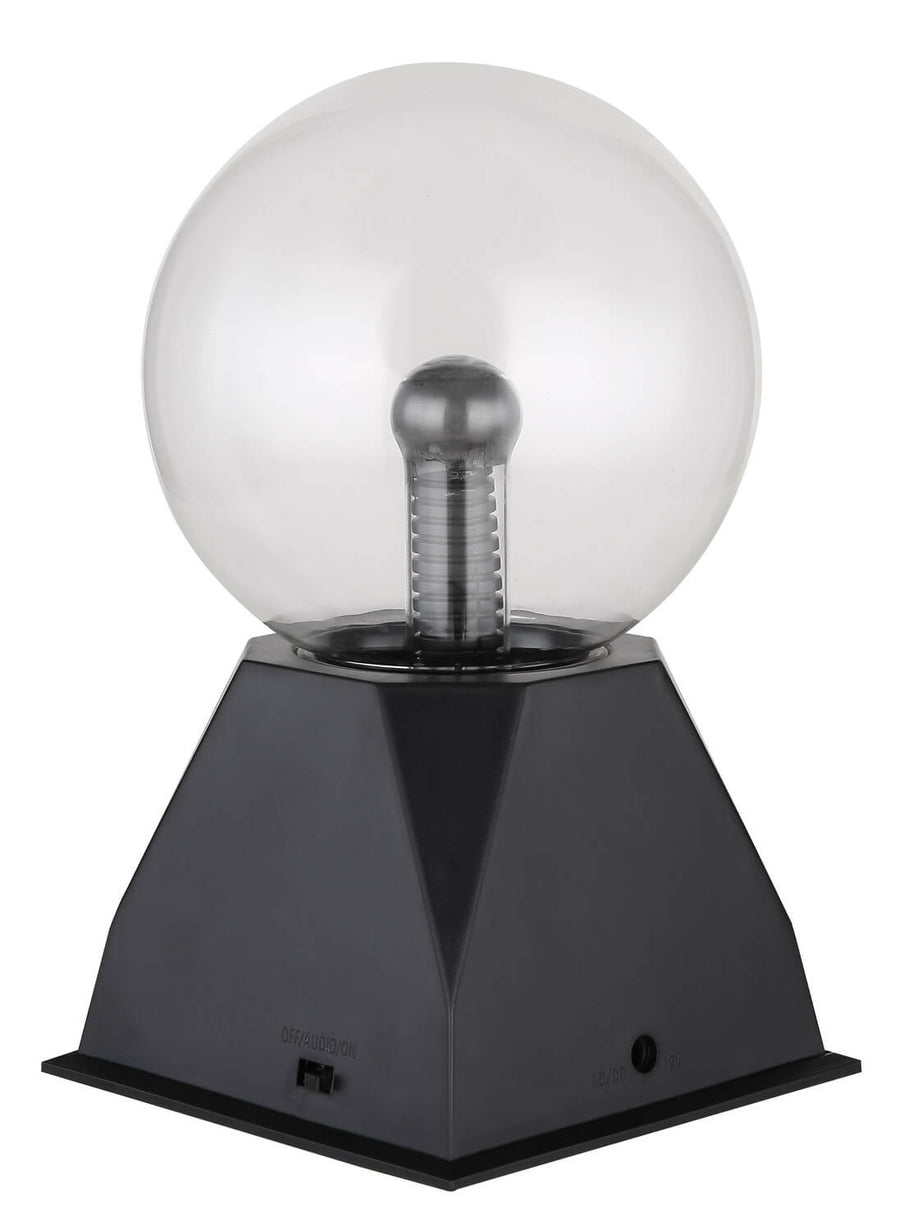 Globe en verre transparent éteint, tige centrale et base noire avec interrupteur