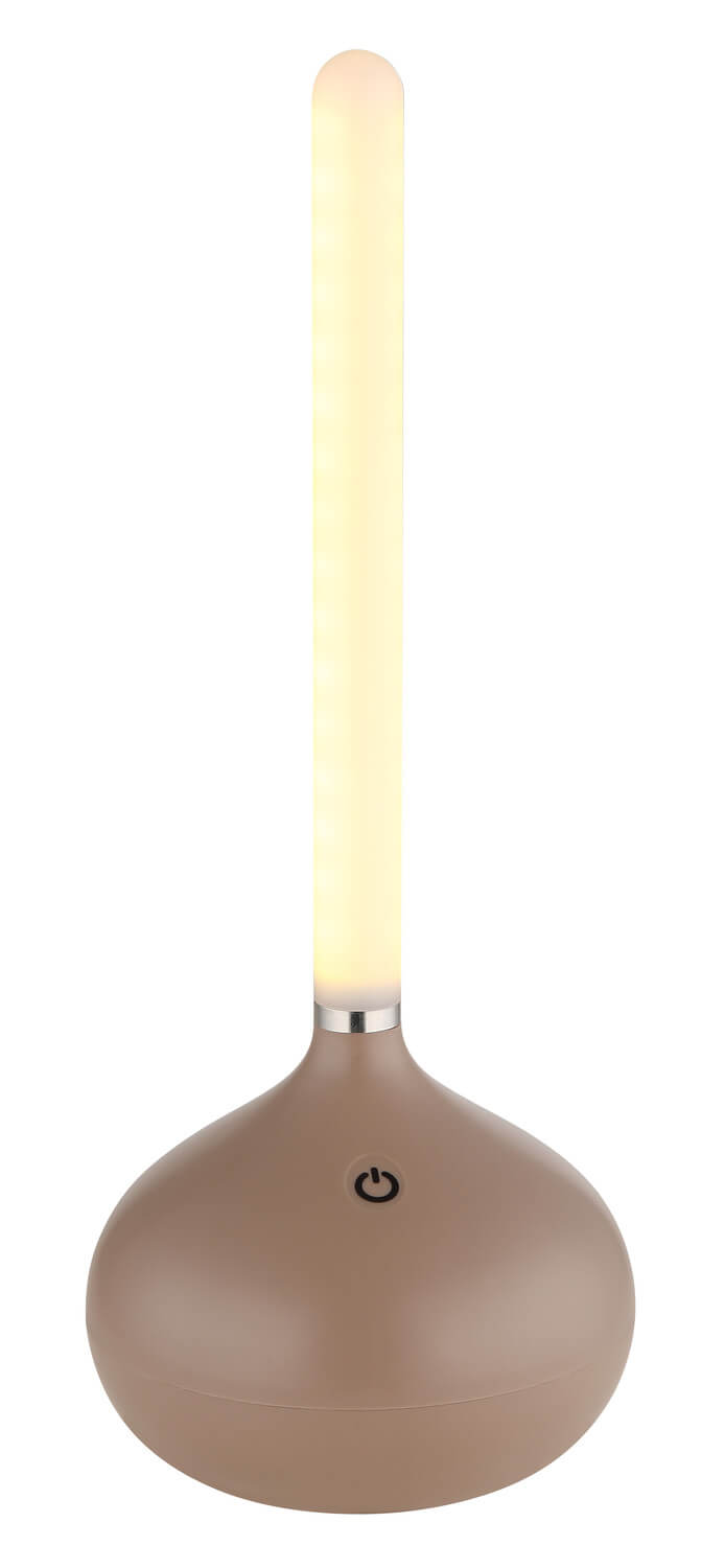 Vue de face allumée, long tube lumineux chaud et base arrondie avec bouton tactile.