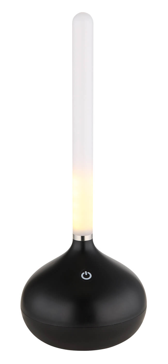 Lampe à poser noire avec tube lumineux dégradé, blanc en haut et chaud en bas.
