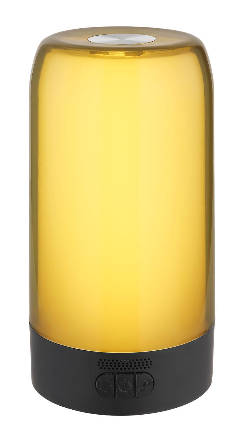 Vue de face du luminaire allumé, diffuseur jaune translucide et pied noir texturé.