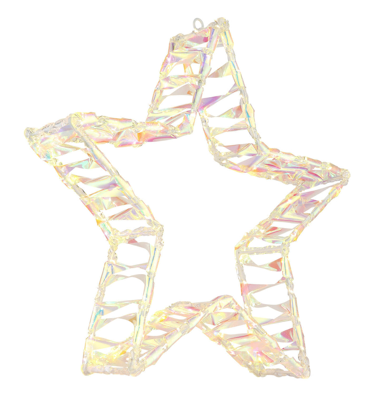 Étoile décorative transparente aux reflets iridescents, présentée de face sur fond blanc