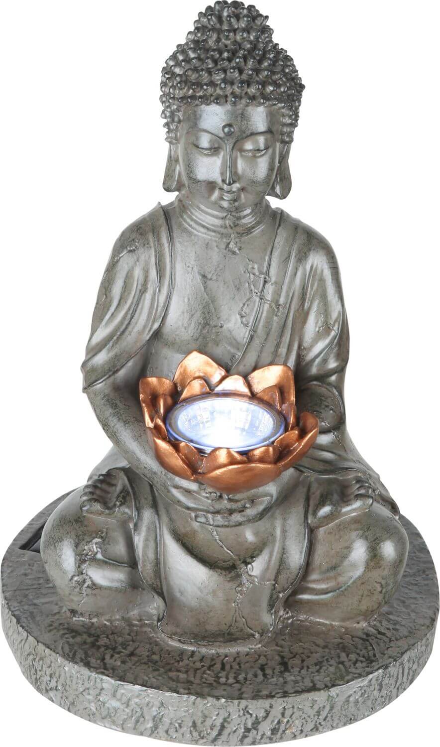 Gros plan sur le Bouddha en méditation et le lotus cuivré solaire