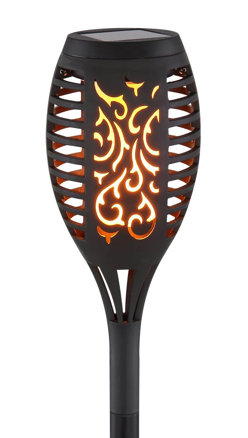Gros plan sur la tête ajourée d'une torche solaire noire, motif flamme allumé.