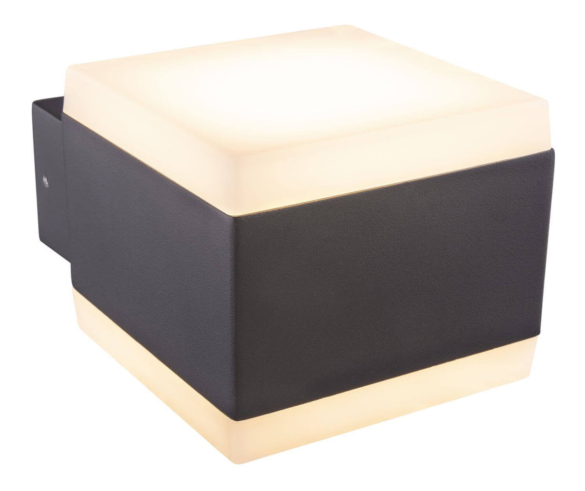 Luminaire extérieur cube anthracite et diffuseur blanc, vue de trois quarts sur fond blanc