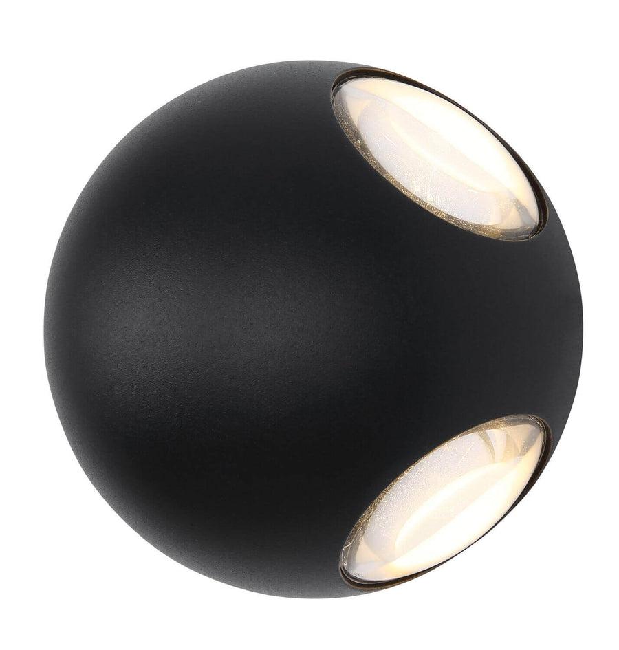 Vue de face du luminaire mural sphérique noir mat avec deux diffuseurs en verre transparent