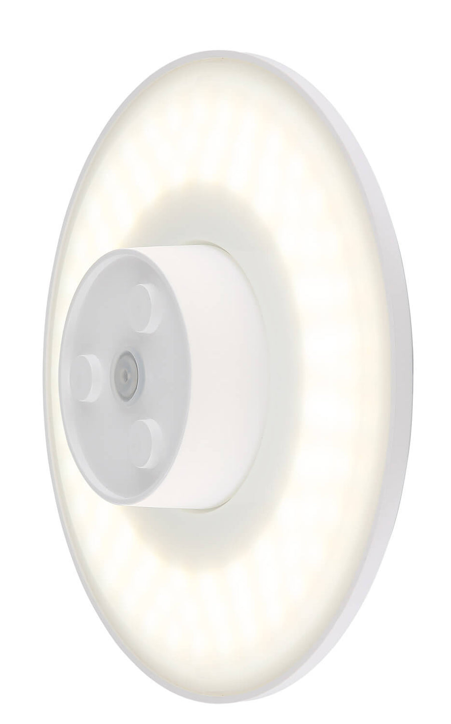 Vue de trois quarts arrière du luminaire allumé, halo lumineux diffus et régulier