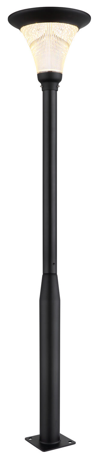 Lampadaire noir seul sur fond blanc, vu de face avec base et diffuseur conique.