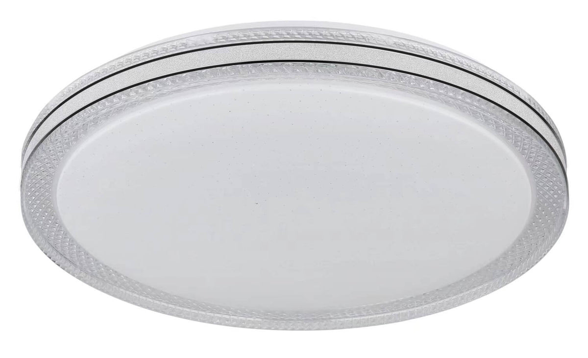 Vue rapprochée du plafonnier éteint montrant le diffuseur blanc et la couronne transparente texturée.