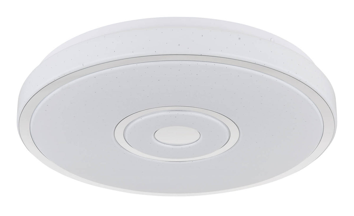Plafonnier rond blanc éteint, détail de la finition mouchetée