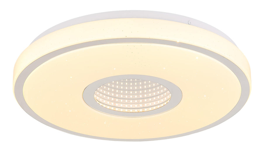 Gros plan rapproché sur le module LED central et le diffuseur ivoire du luminaire