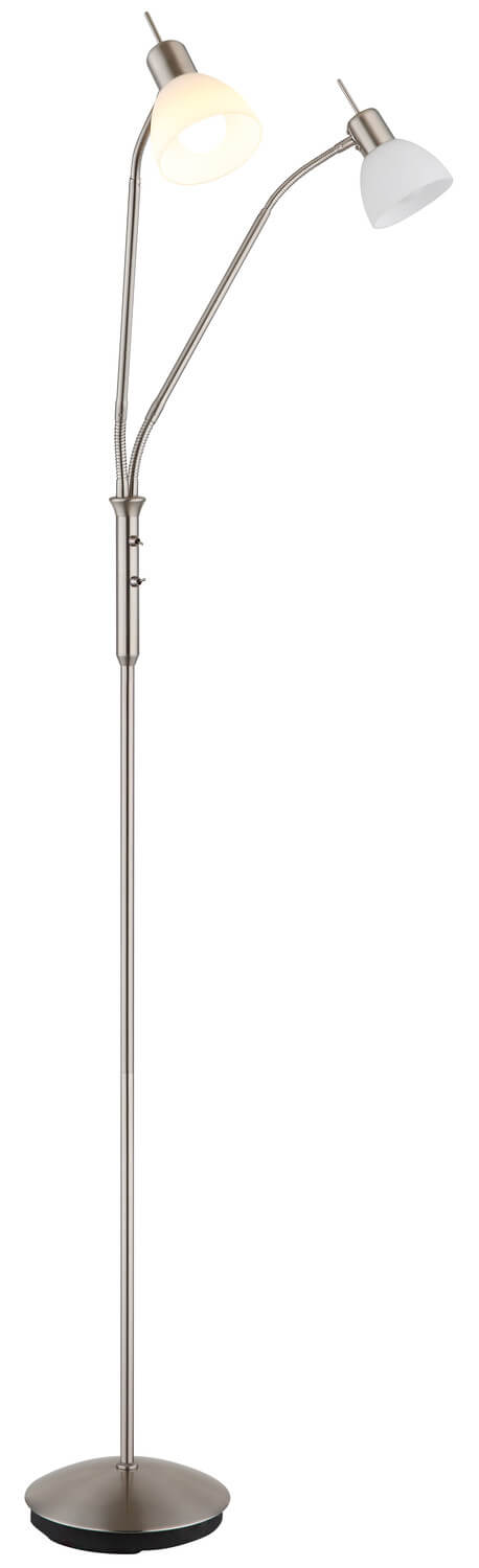 Détail des deux diffuseurs opalins et tiges métalliques courbées du lampadaire.