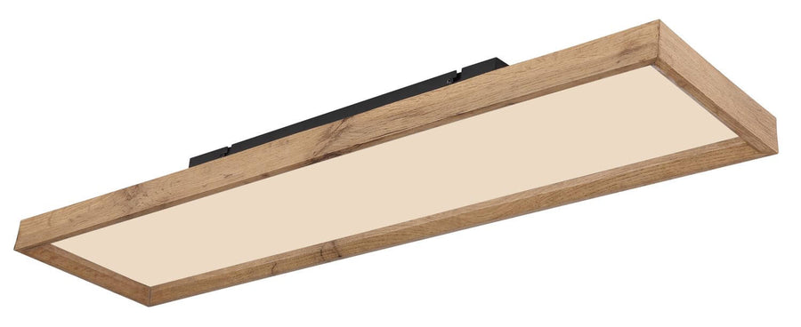 Second angle du luminaire montrant le cadre en bois et la fixation noire.
