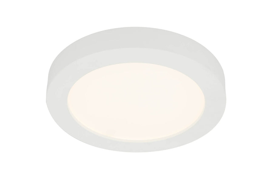 Vue de trois quarts du plafonnier blanc, cerclage et diffuseur opale lumineux