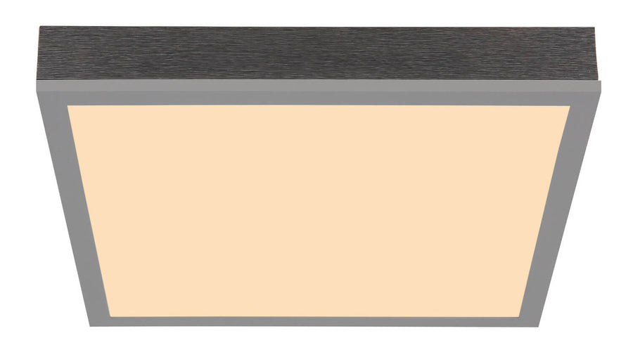 Produit de face allumé, cadre gris et bandeau supérieur effet bois foncé