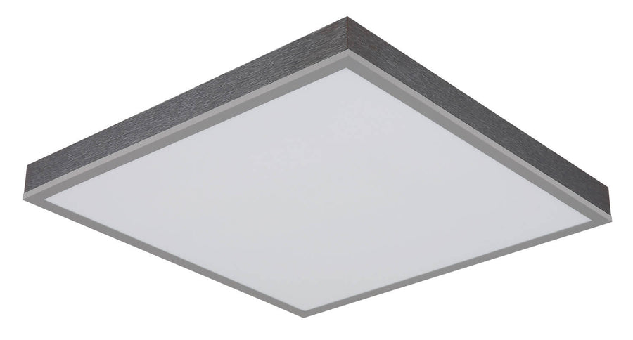 Trois quarts du luminaire allumé, diffuseur blanc neutre et monture argentée