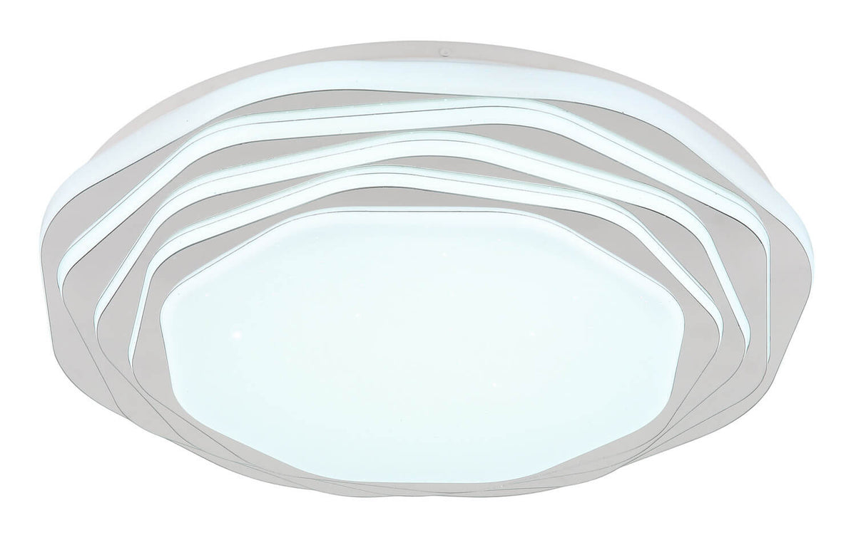 Plafonnier allumé en lumière froide, halo blanc bleuté sous le diffuseur central