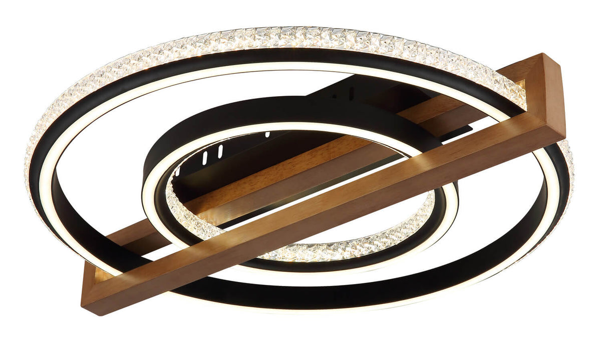 Détail du cerclage en cristal et des anneaux noirs avec finition bois