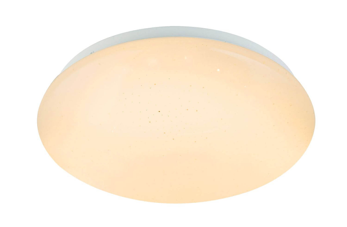 Vue de face du plafonnier rond blanc, diffuseur ivoire légèrement tacheté