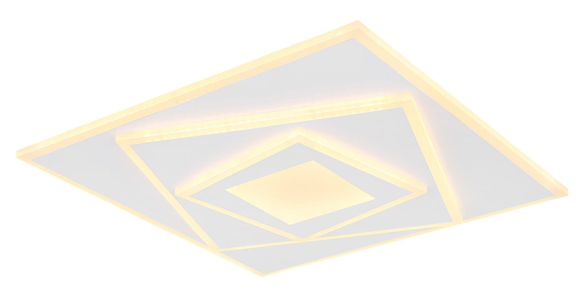 Vue de biais du luminaire allumé, losanges de lumière imbriqués sur fond blanc