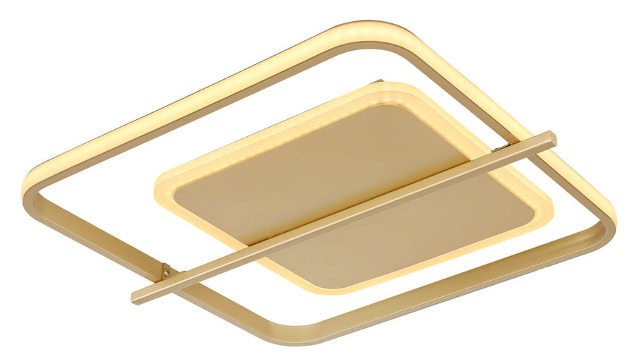 Gros plan sur la structure dorée et le diffuseur central du luminaire.