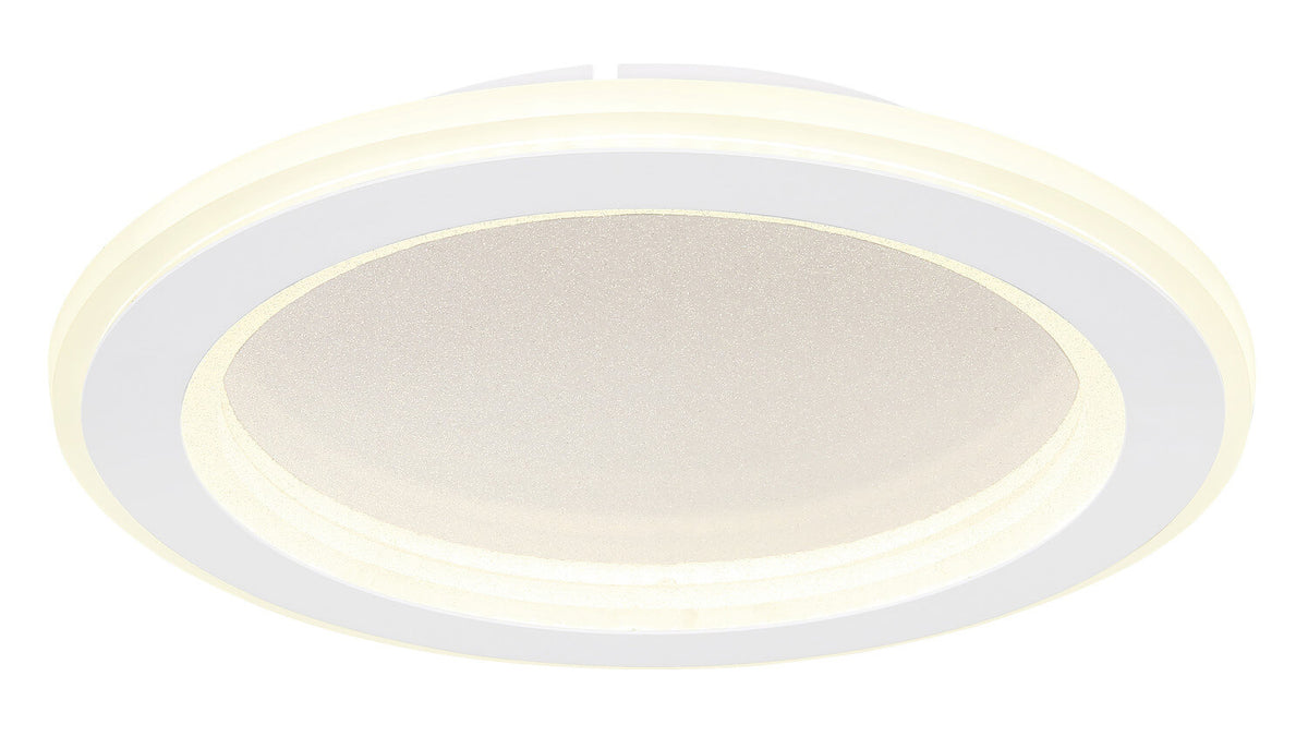 Gros plan sur l'anneau LED et le verre dépoli finement texturé du luminaire.
