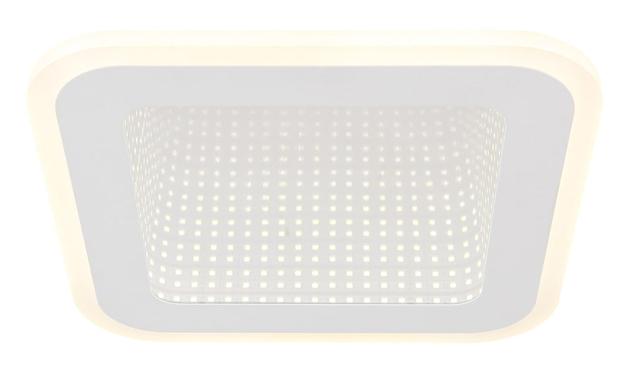 Gros plan de face du plafonnier allumé, bord lumineux et grille centrale perforée